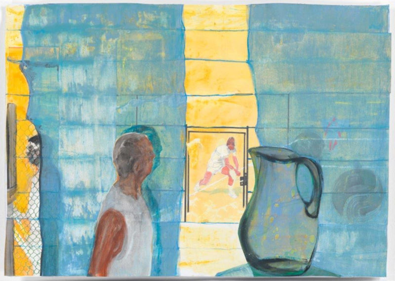 Tennis, 2019, Pigment, Gouache, Bleistift, Buntstift, Filzstift und Collage auf Papier, 59 x 83,5 cm