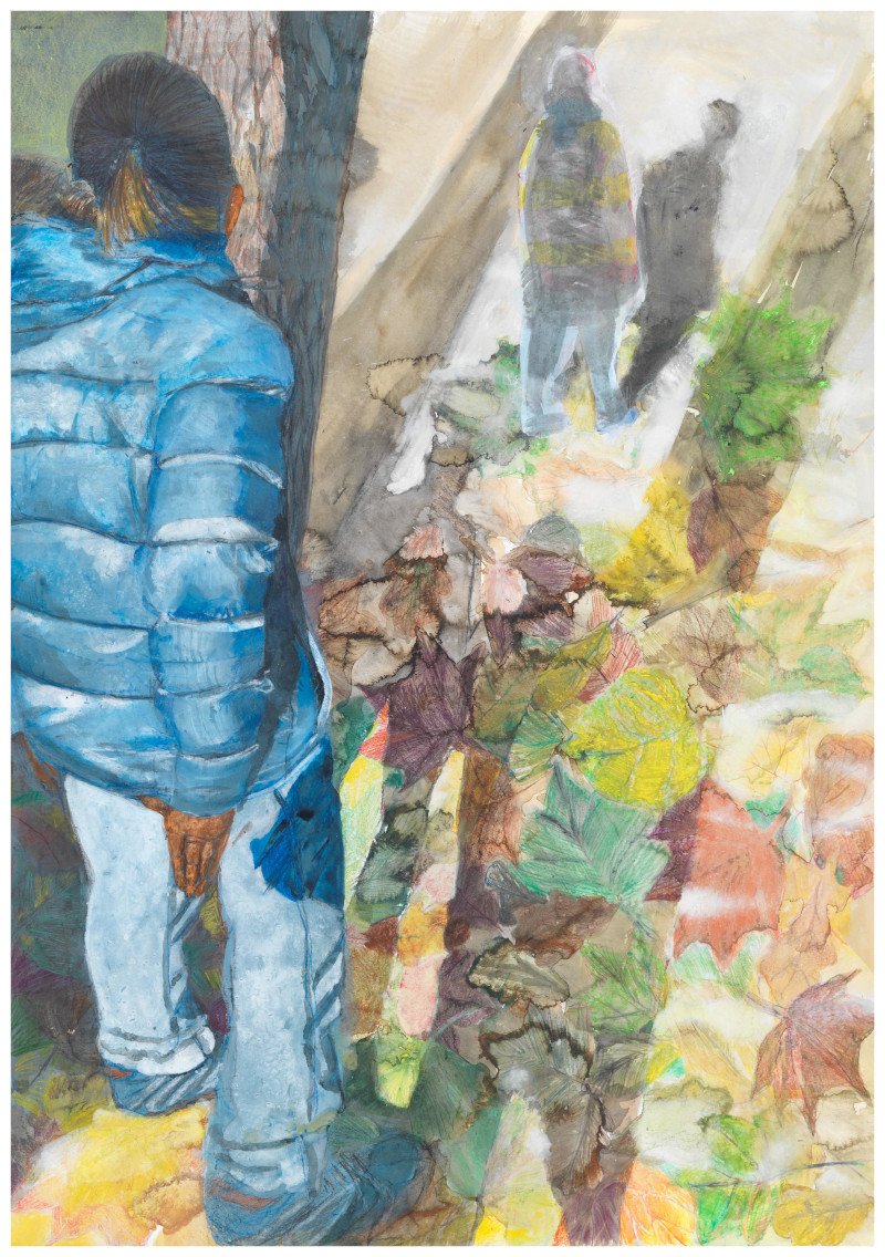 Cast away, 2020, Buntstift, Kreide, Acryl auf Papier, 100 x 70 cm