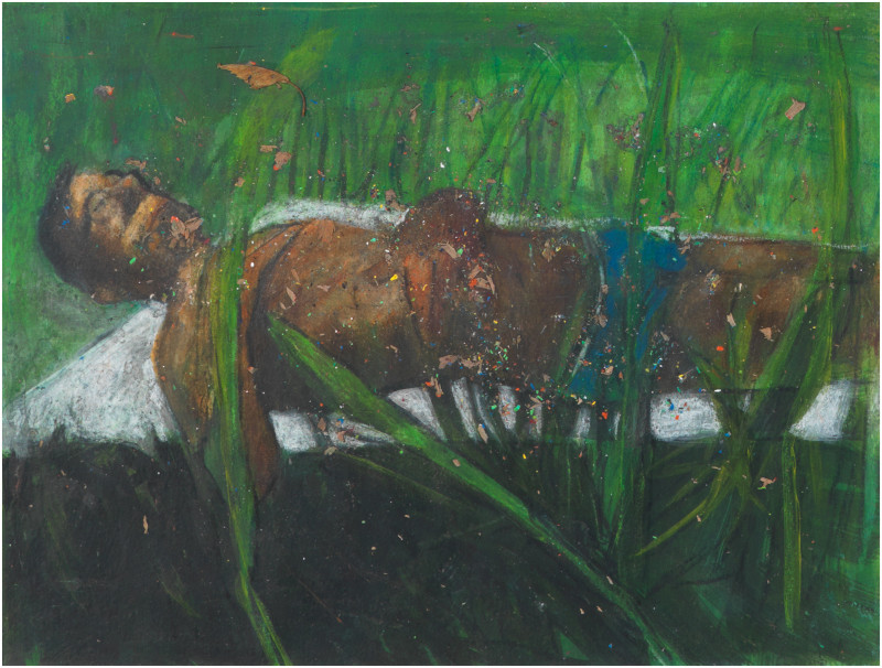 Grunewald, 2020, Buntstift, Kreide, Acryl und Coallage auf Papier, 35,5 x 27 cm