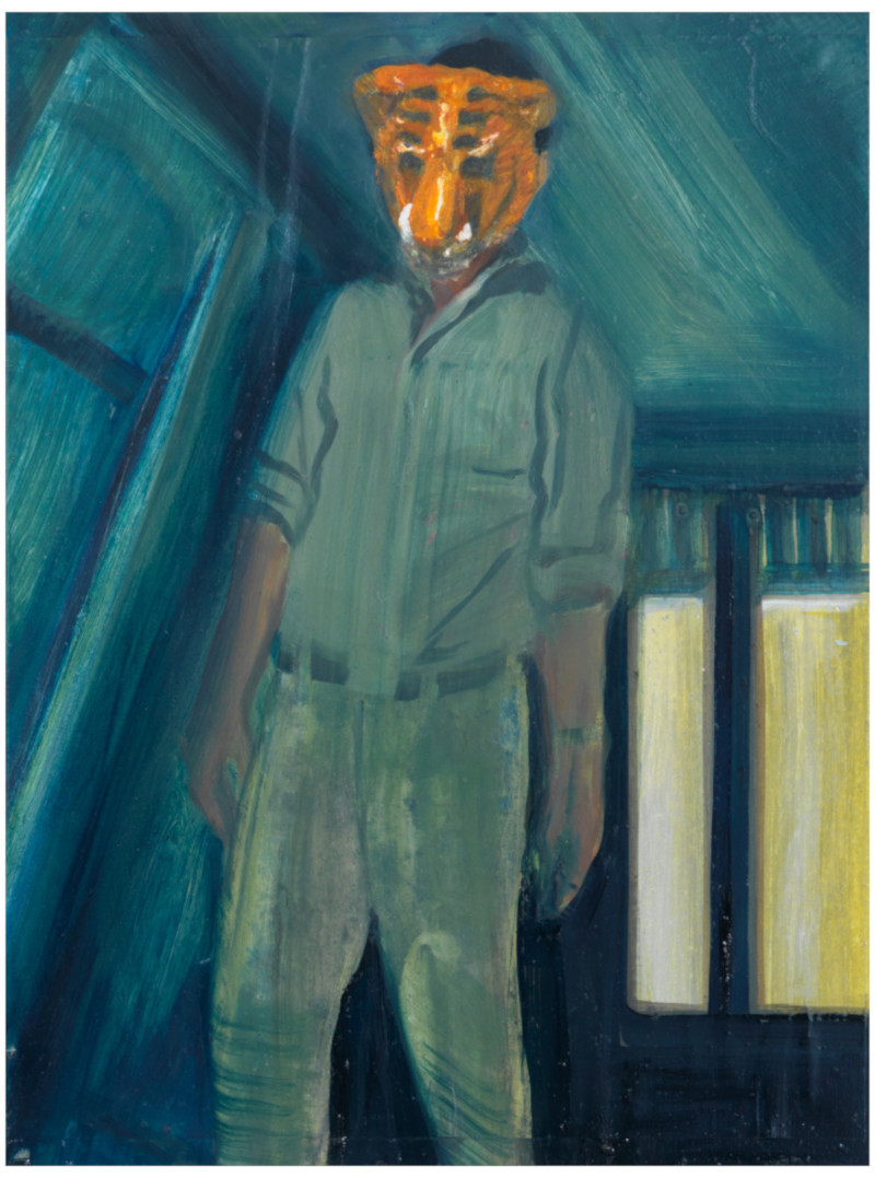 Tigermaske II, 2020,  Öl und Collage auf Aluminium, 40 x 30 cm