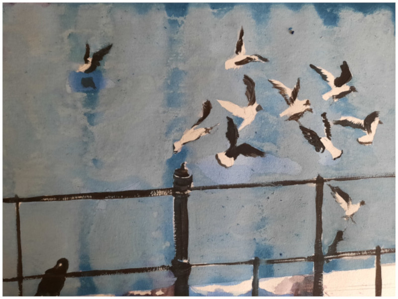 Am Kanal (Möwen und Krähe), 2021, Buntstift, Tusche und Aquarell auf Papier, 30 x 40 cm