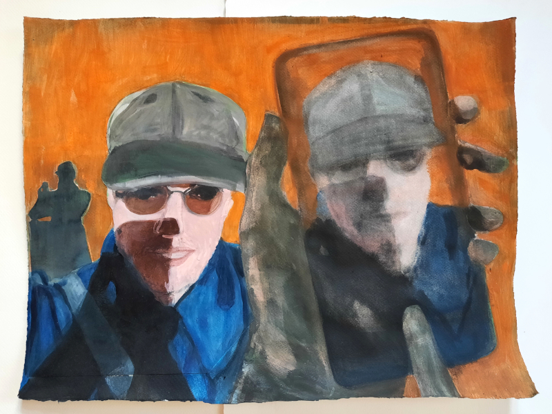 Napoli messenger, 2021,  Buntstift, Pigment, Acryl und Collage auf Papier, 50 x 65 cm