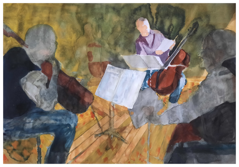 Cello, 2022, Bleistift, Tusche, Acryl, Collag auf Papier, 58,5 x 83 cm